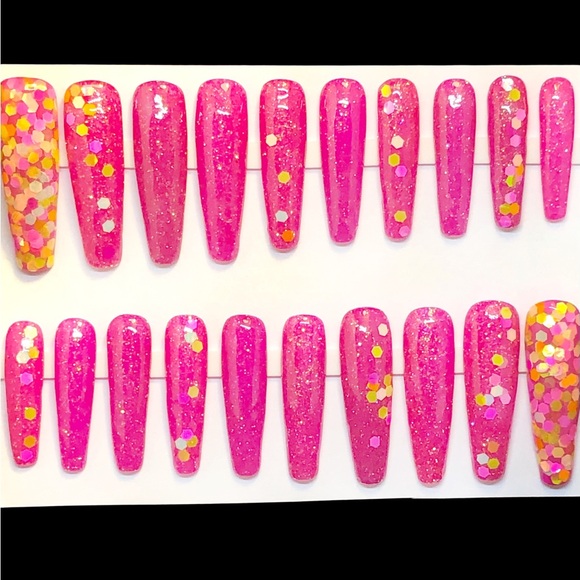 Nola7Nails Other - Custom Handmade Gel Press On Nails 2X Long Coffin Pink Sparkle & Glitter Mix
